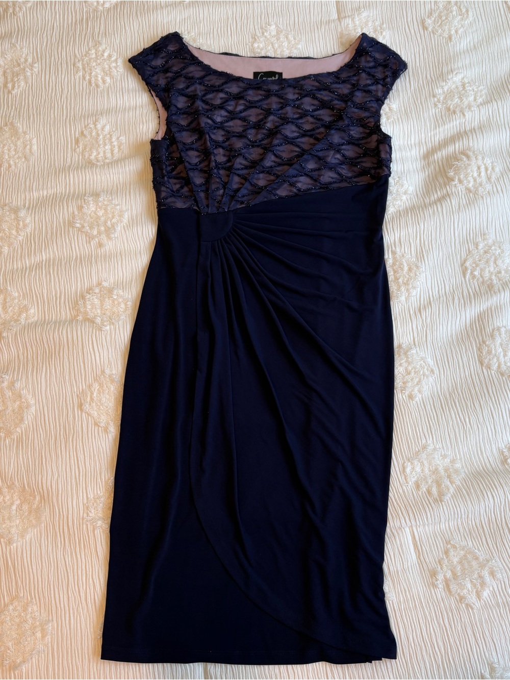 Navy Blue Soutache Lace Bodice Ruched Faux Wrap Cocktail Dress NWOT Sz 10